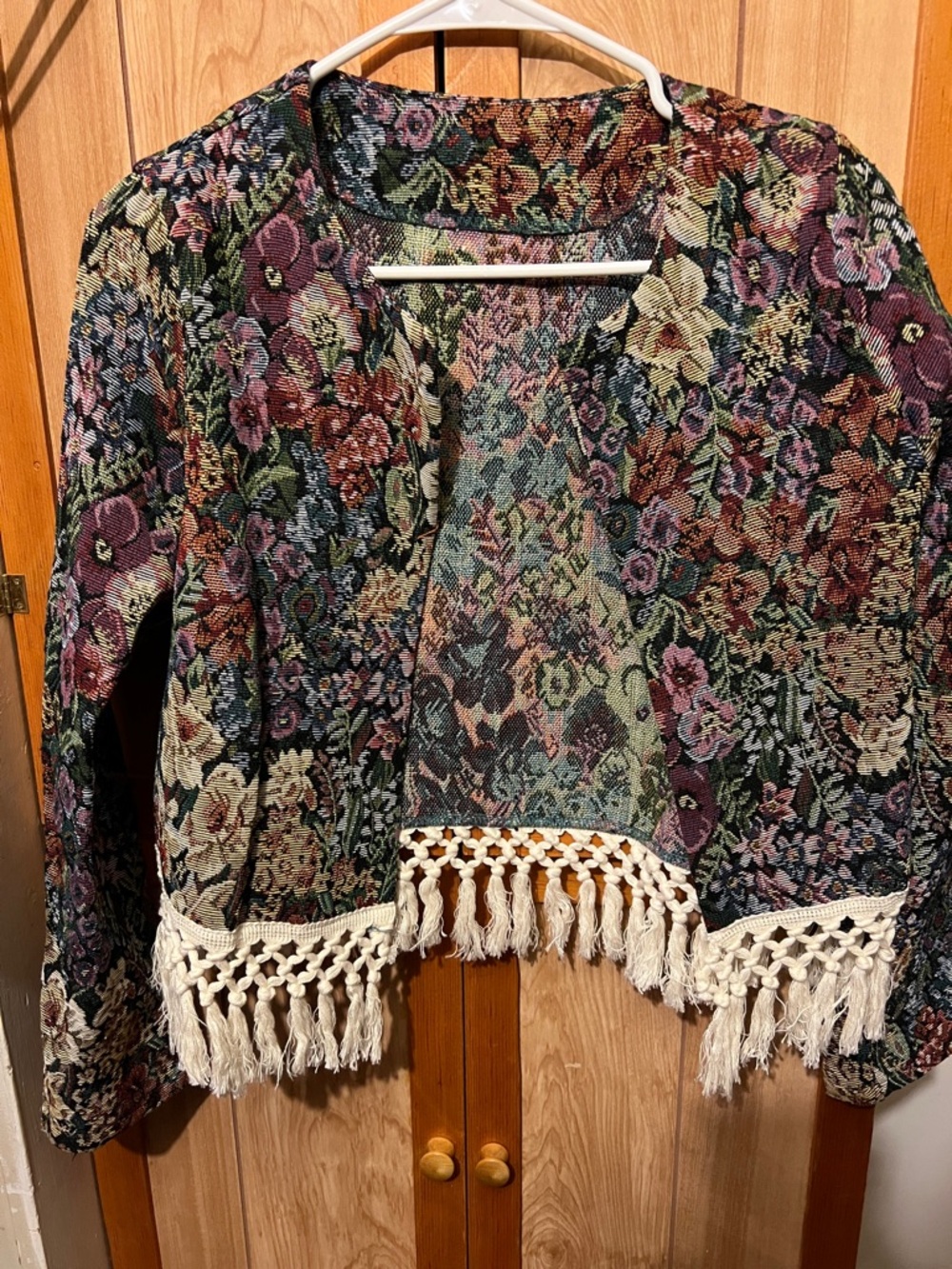 SHEIN Multi Floral Tapestry Open Jacket with Cream Crochet Fringe